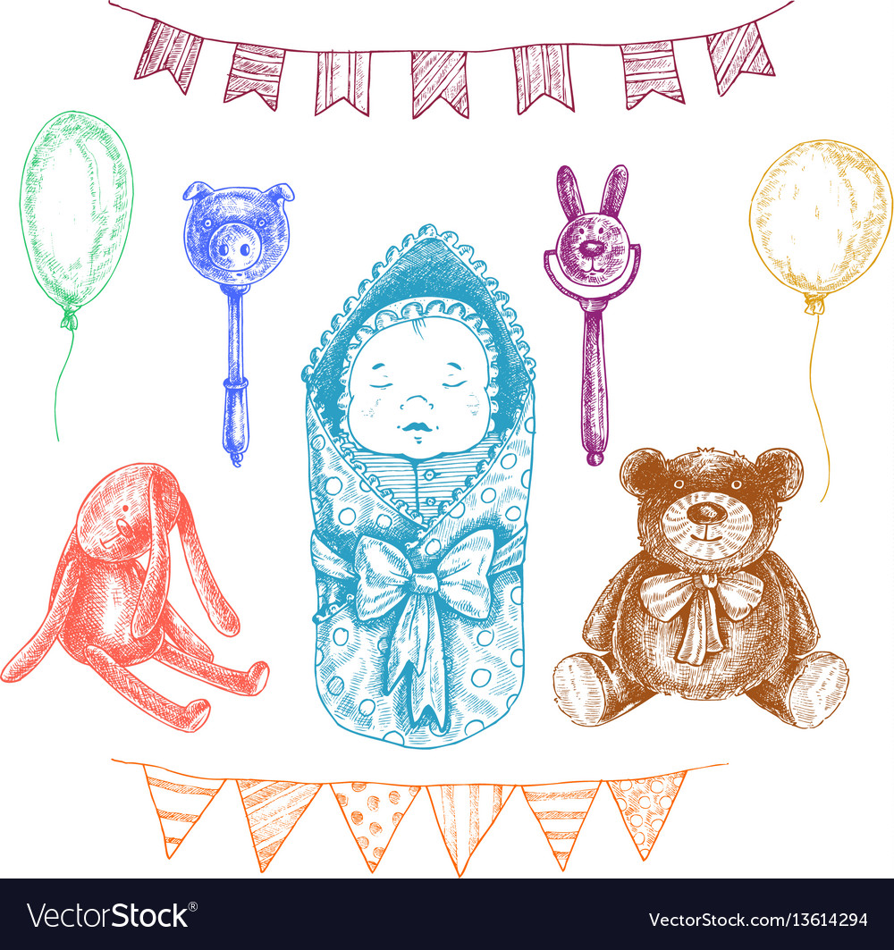 Download Baby newborn toys in hand drawn style isolated Vector Image