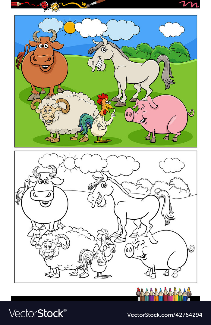 Funny cartoon cattle farm animals group coloring Vector Image