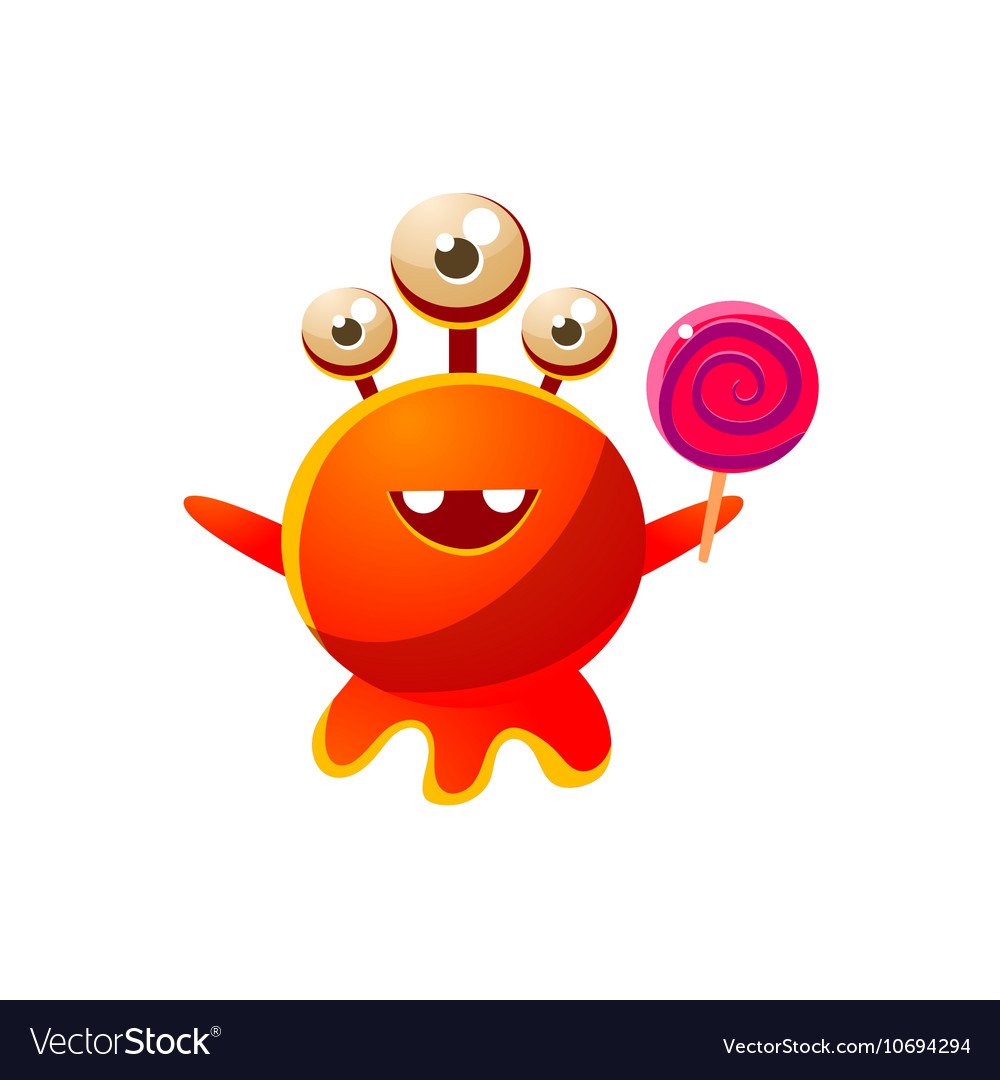 Red three-eyed toy monster with lollypop