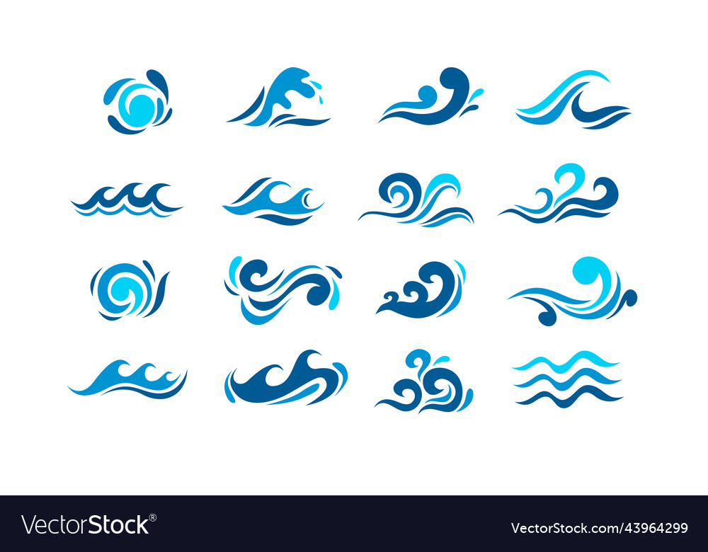 Big set of stylized ocean waves colored sea