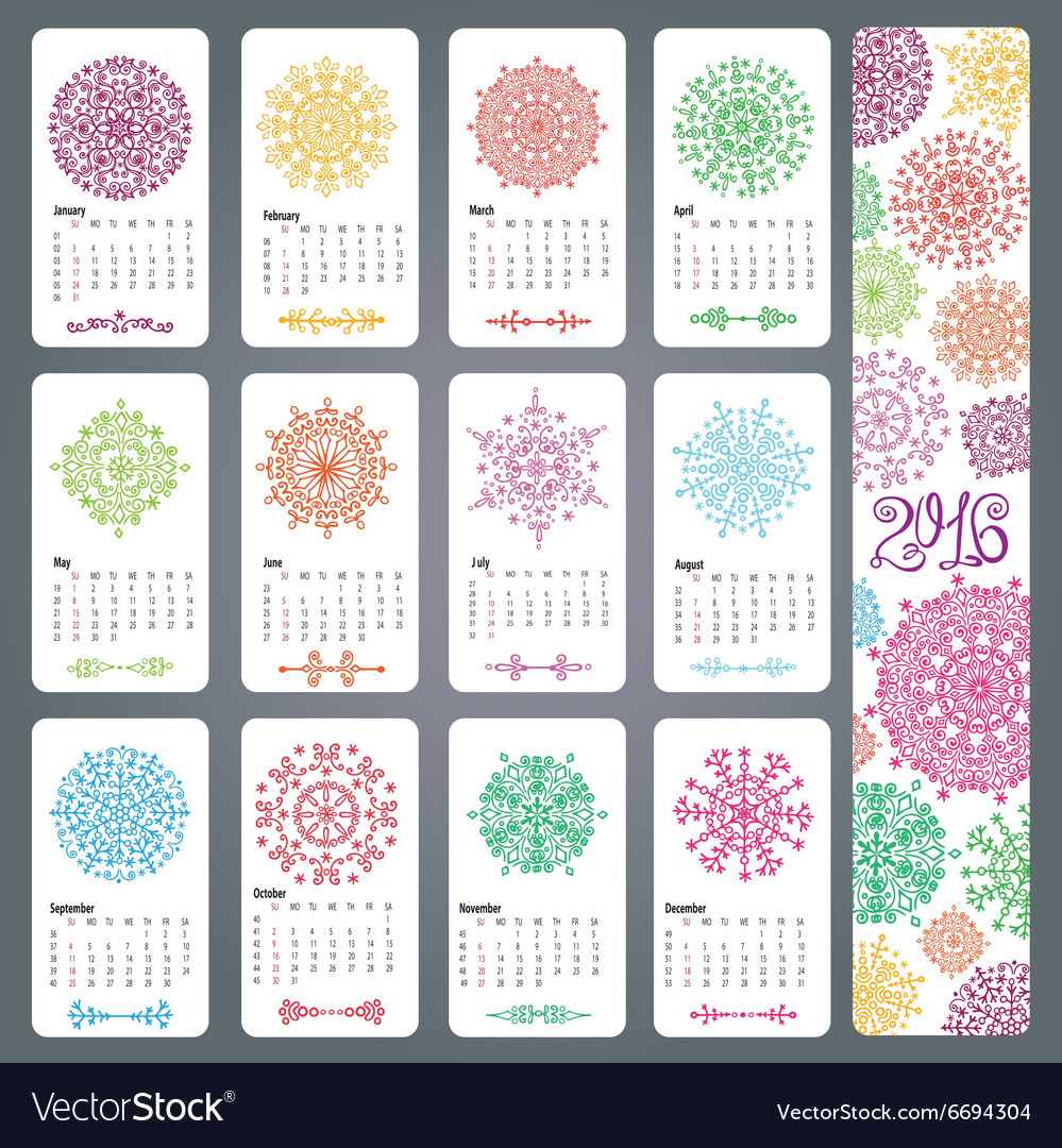 Calendar 2016colored snowflakes shapesmandala