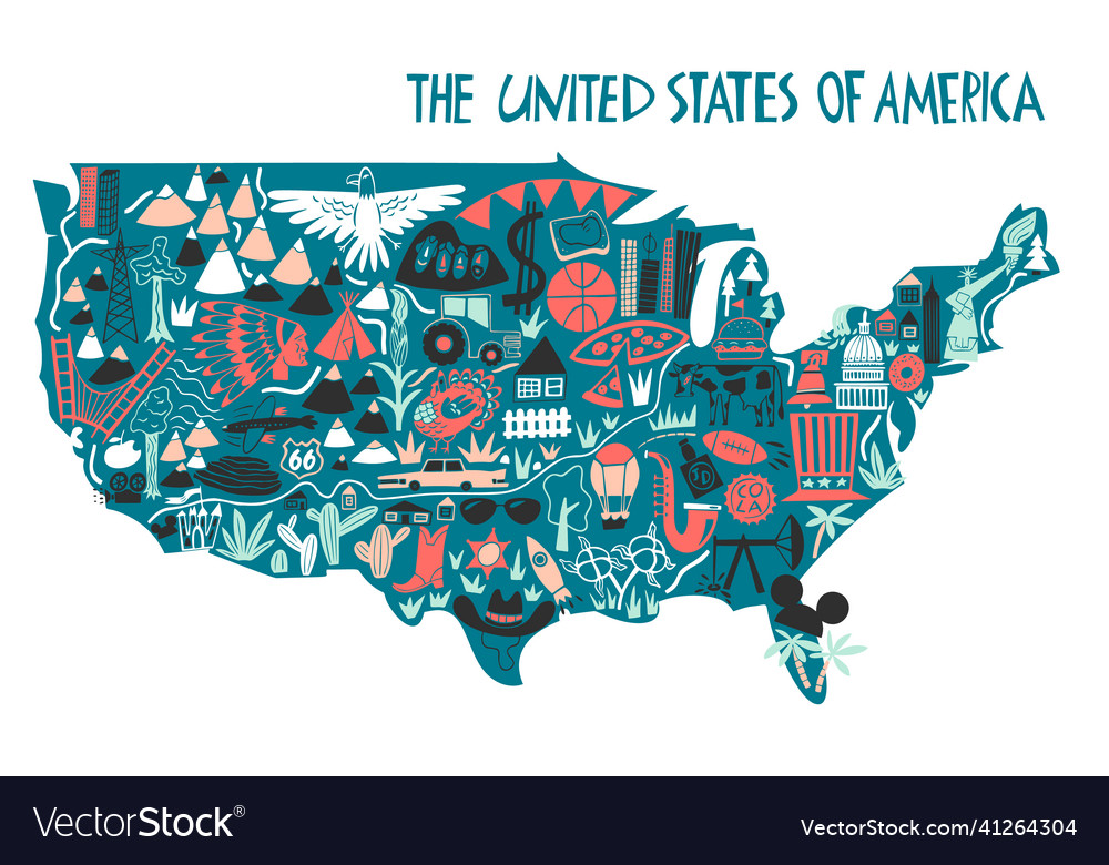 Hand Drawn Stylized Map Of The United States Vector Image