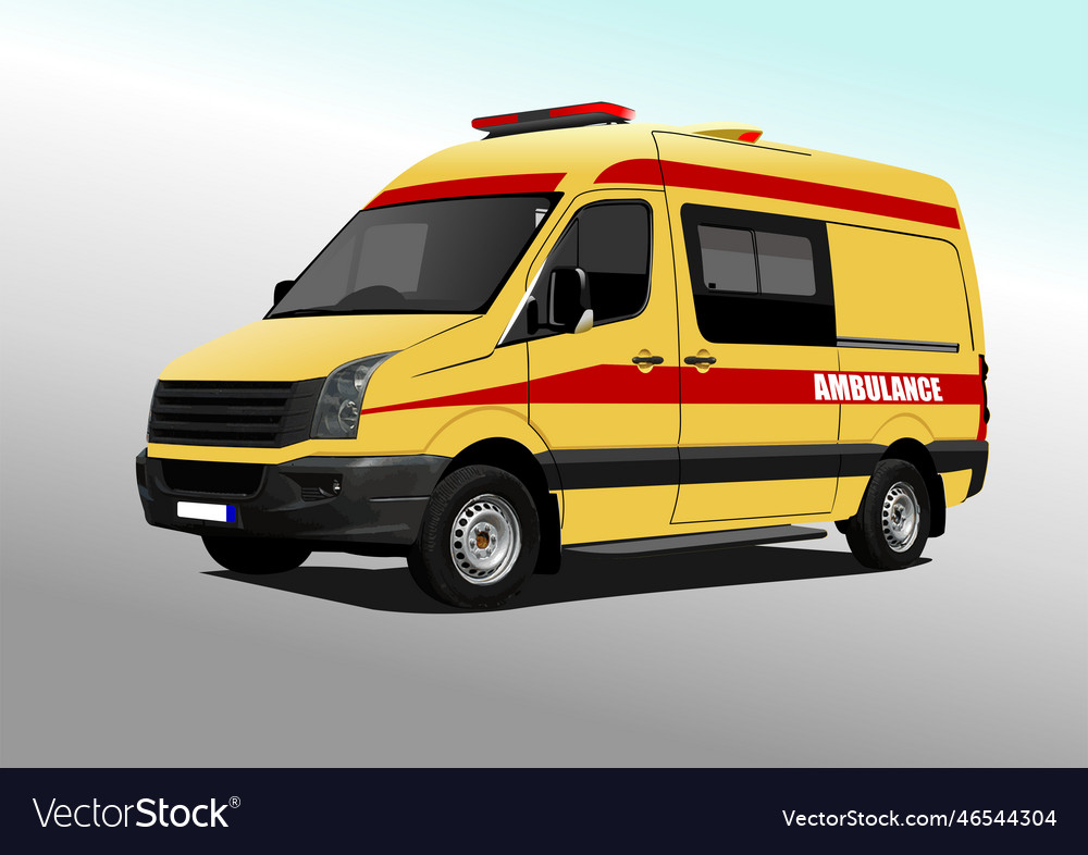 Modern ambulance van on city panorama colored 3d