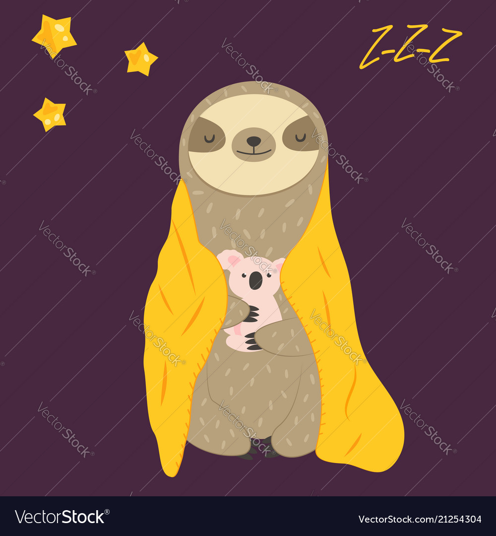 Sleepy funny sloth turning in blanket and toy