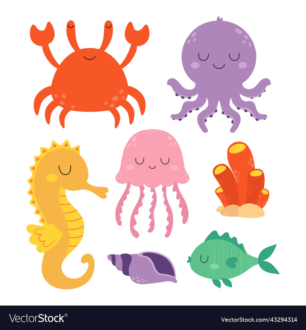 Cartoon set with sea animals