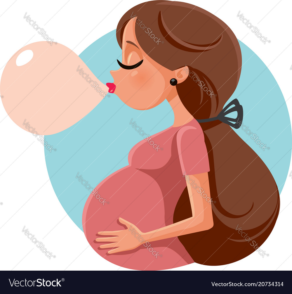 Funny bubble gum pregnant woman cartoon Royalty Free Vector