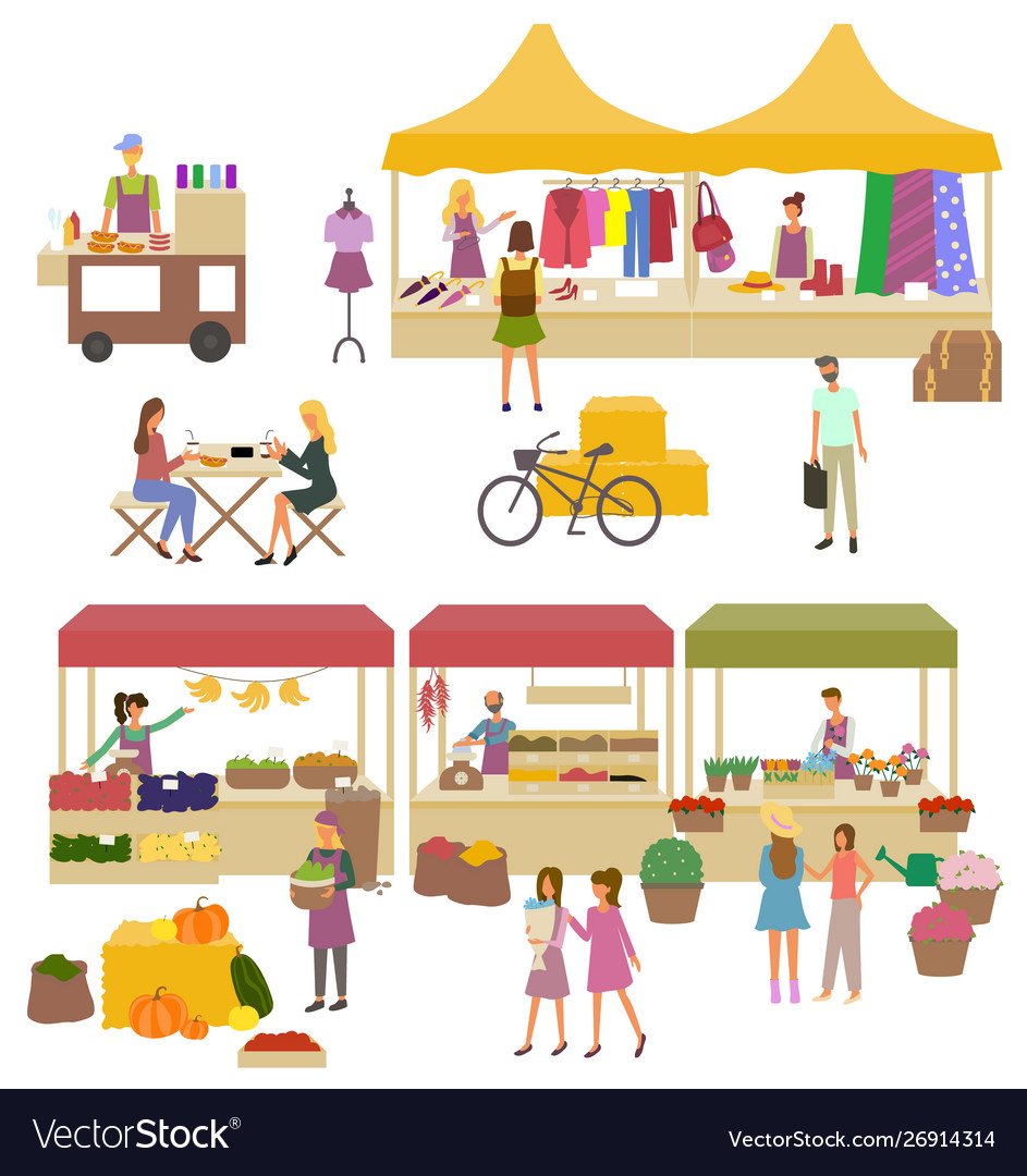 Vegetable shop and flowers kiosk clothes store Vector Image