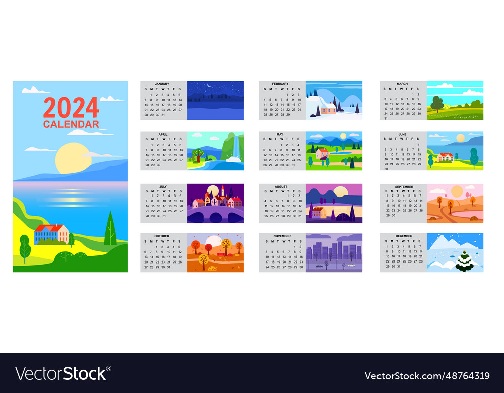 Calendar 2024 set of 12 landscape natural Vector Image