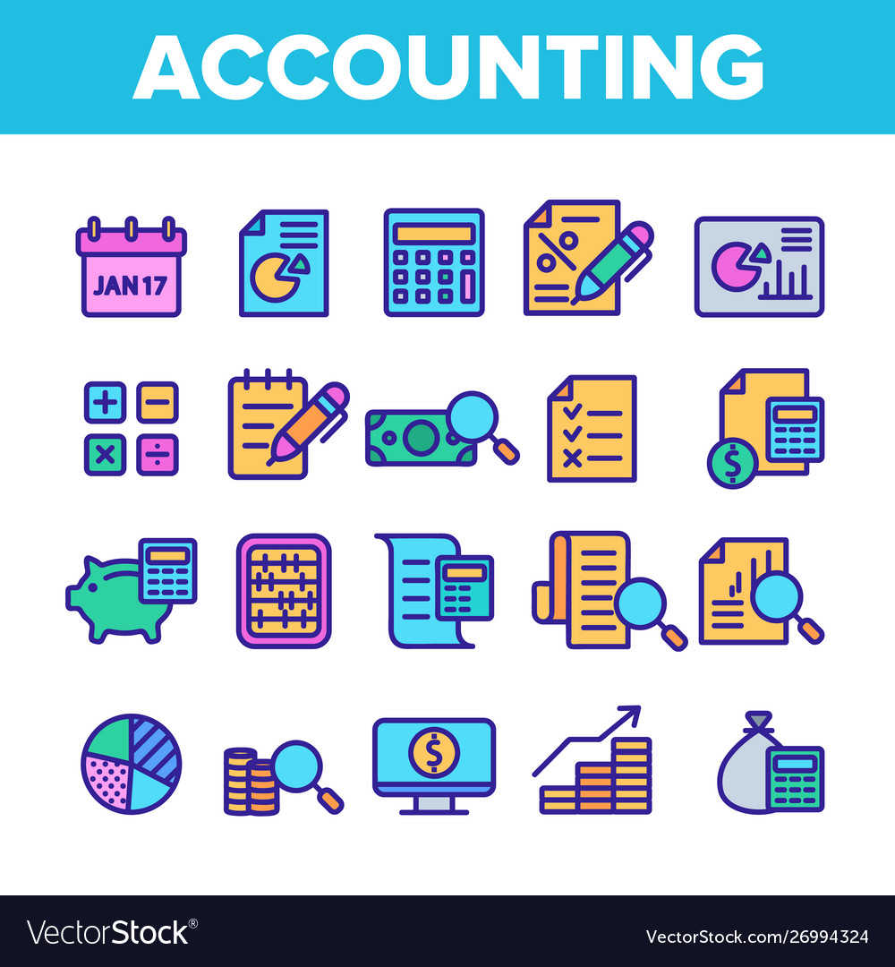 Color accounting elements icons set Royalty Free Vector