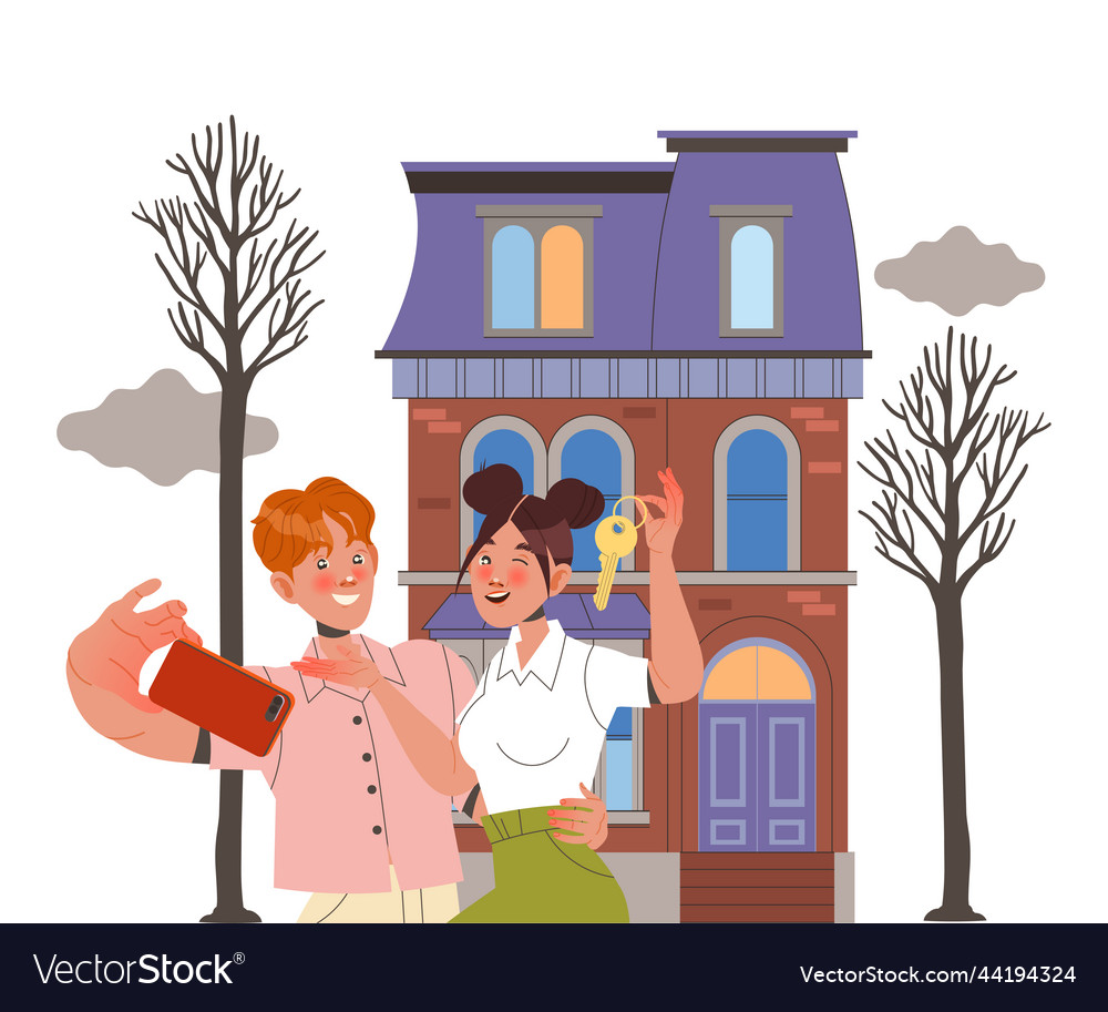 Happy man and woman character buying real estate