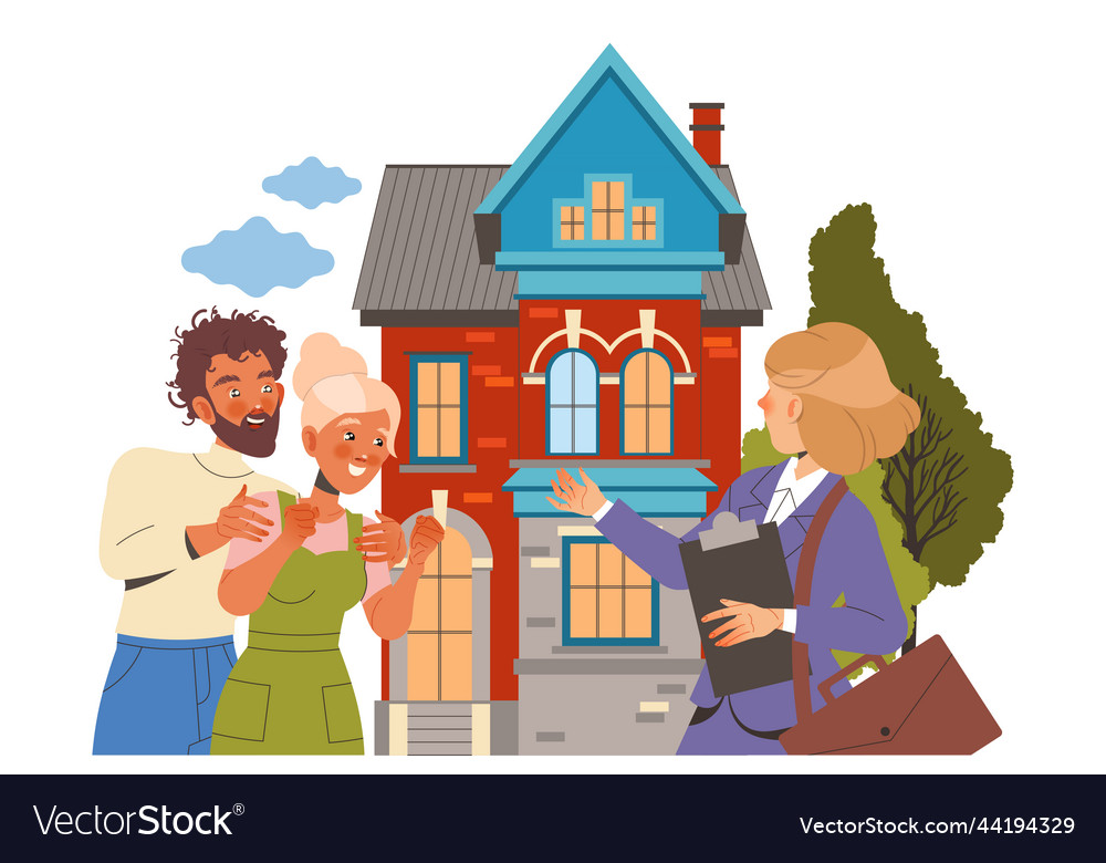 Happy man and woman character buying real estate