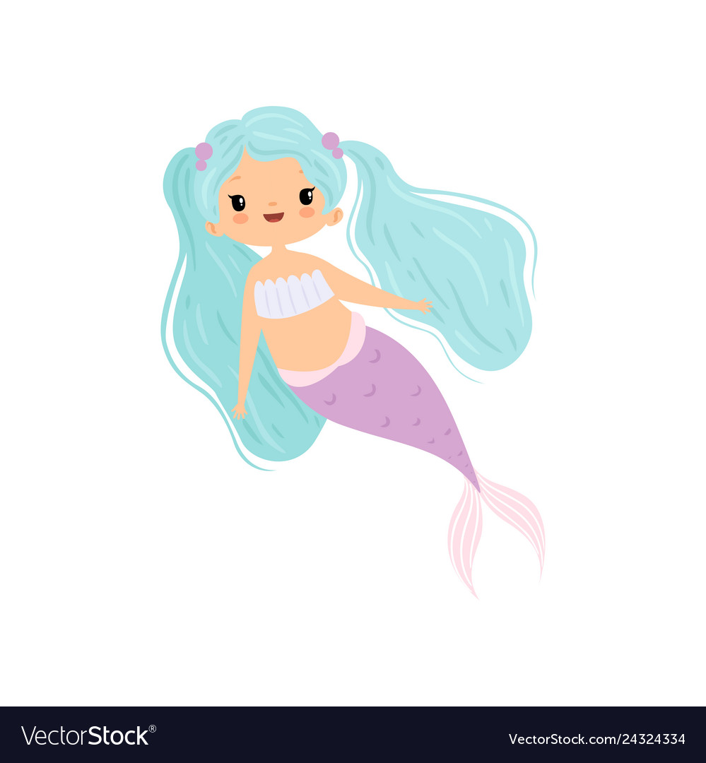 Little Mermaid With Beautiful Turquoise Hair Cute Vector Image