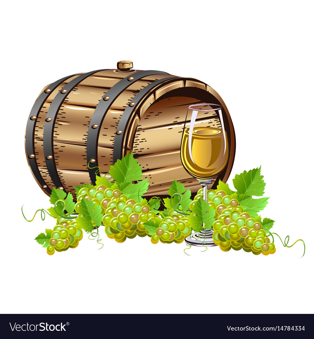 Wine barrel with bunches of grapes Royalty Free Vector Image