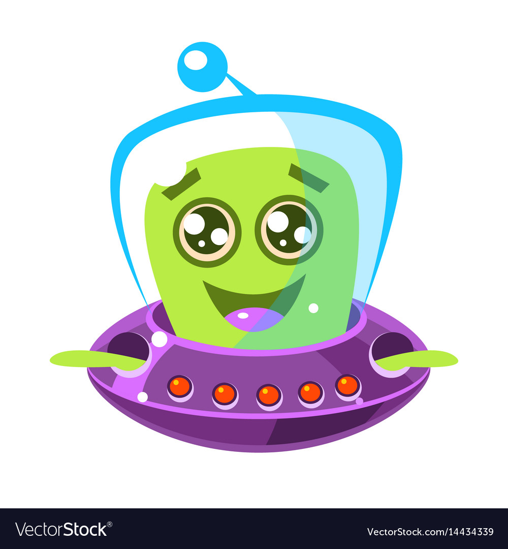 Friendly smiling alien in a flying saucer cute