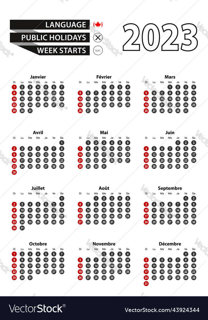 French calendar 2023 with numbers in circles week Vector Image