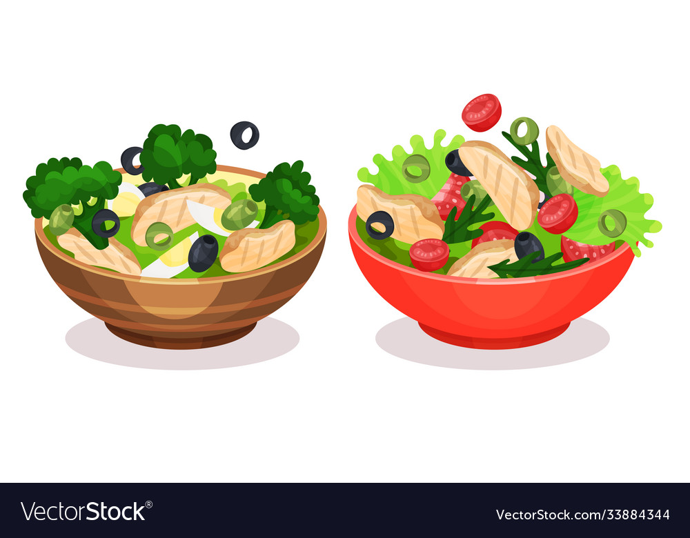 Fresh salads in bowl with green vegetables