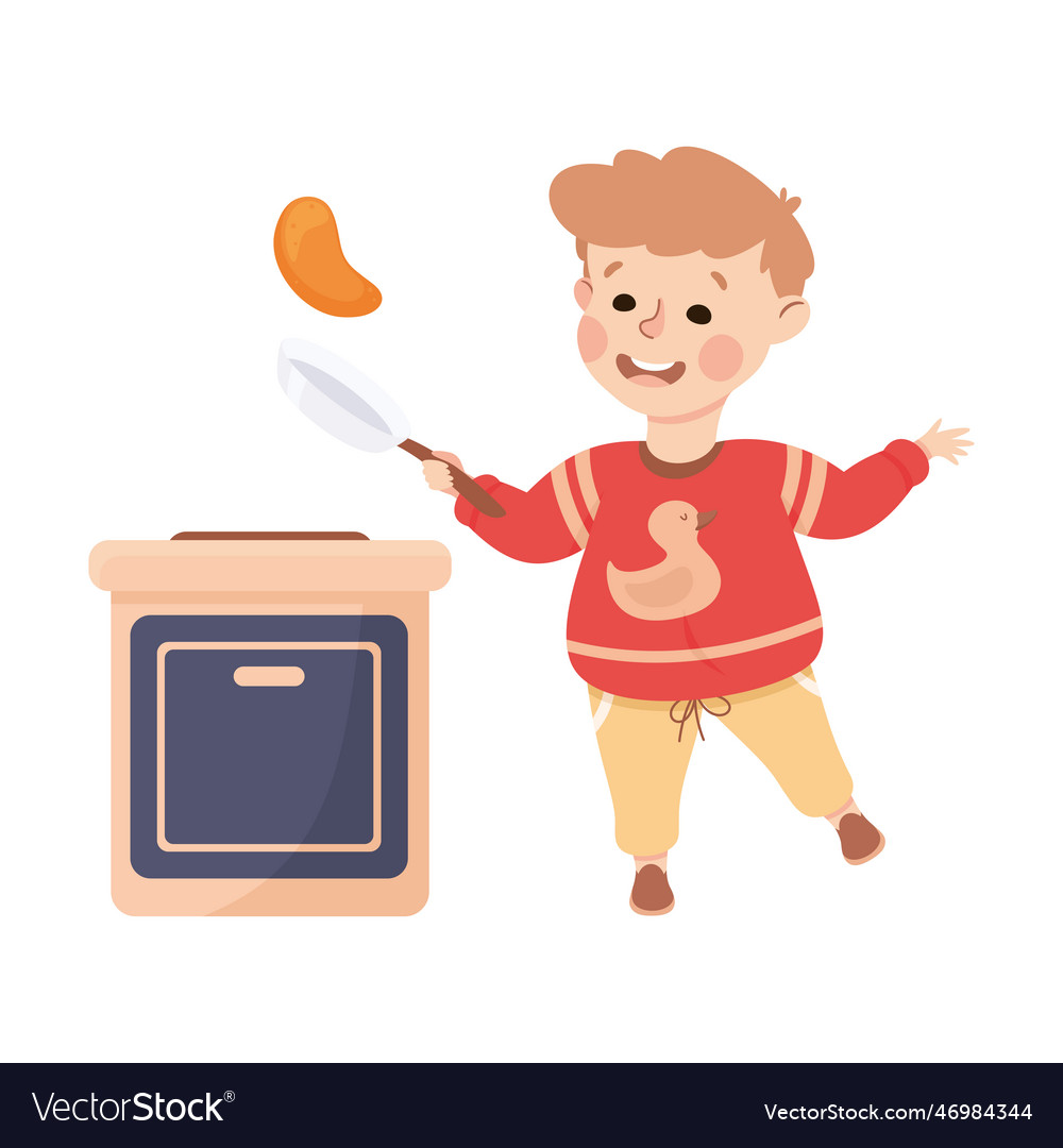 Little boy character tossing pancake on frying pan