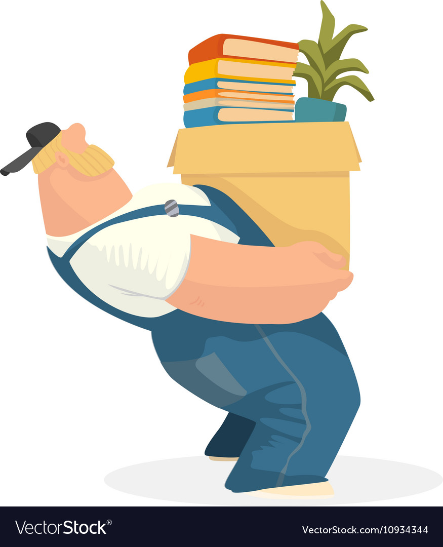 Working man carries a box of books and potted