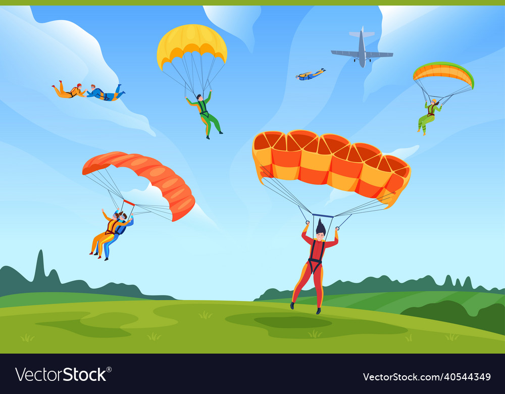 Active people enjoying skydiving summer landscape Vector Image