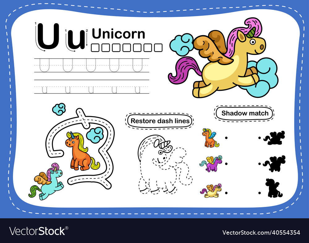 Alphabet letter u-unicorn exercise with cartoon