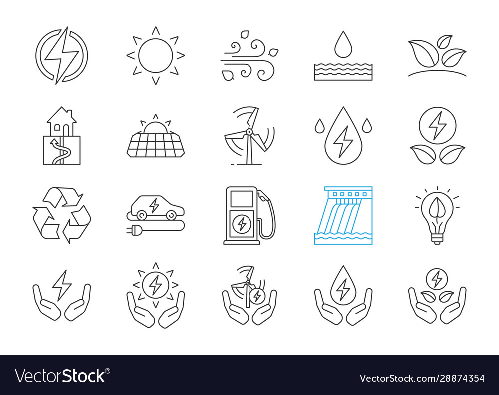 Alternative energy sources linear icons set