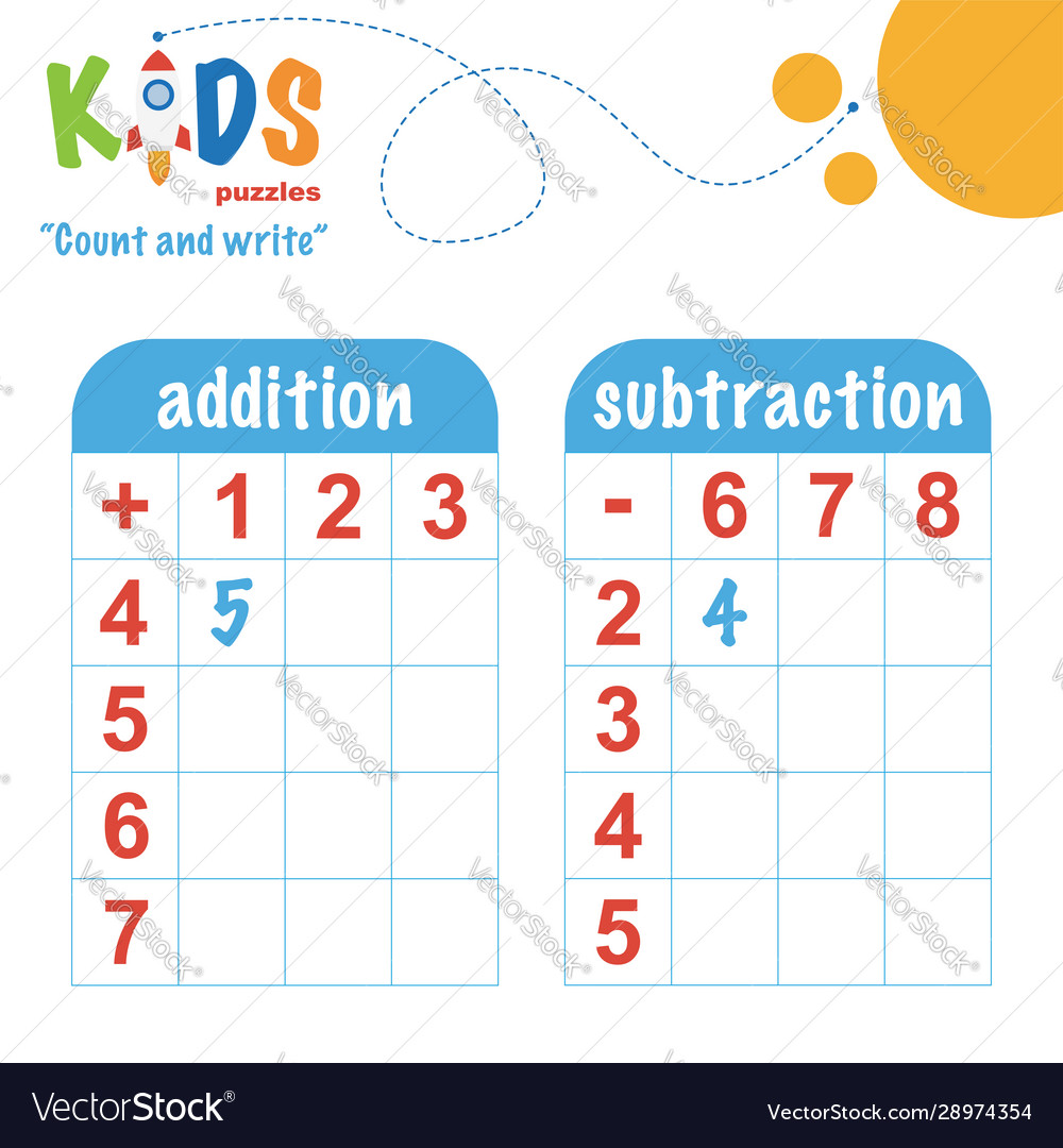 Easy colorful math count and write worksheet Vector Image