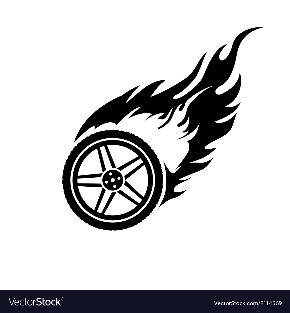 Black and white burning car wheel Royalty Free Vector Image