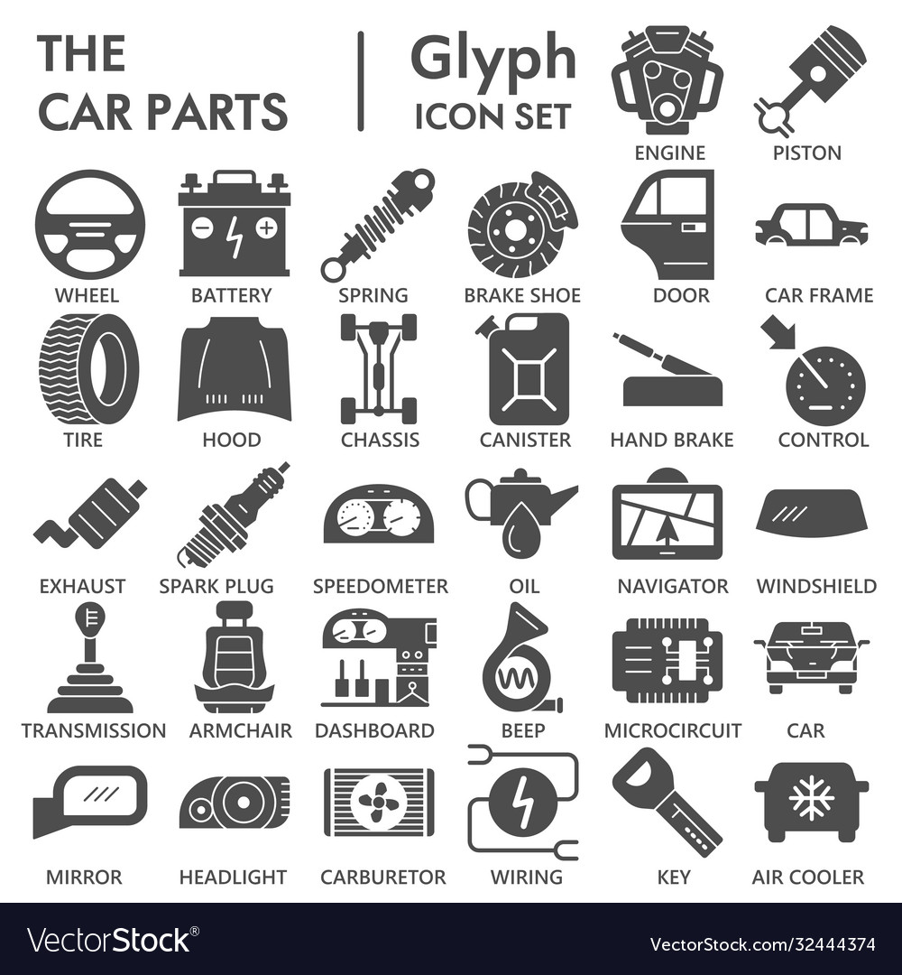 Car parts solid icon set vehicle part symbols