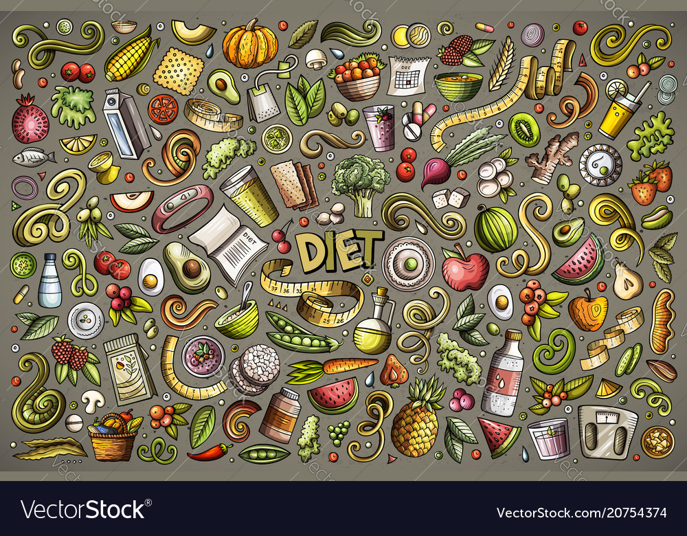 Doodles cartoon set of diet food objects vector image Doodles cartoon set of diet food objects