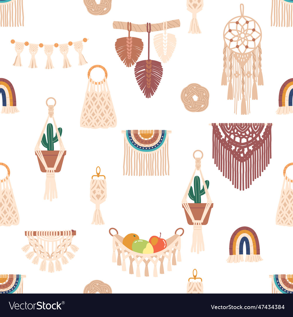 Seamless pattern featuring collection of macrame