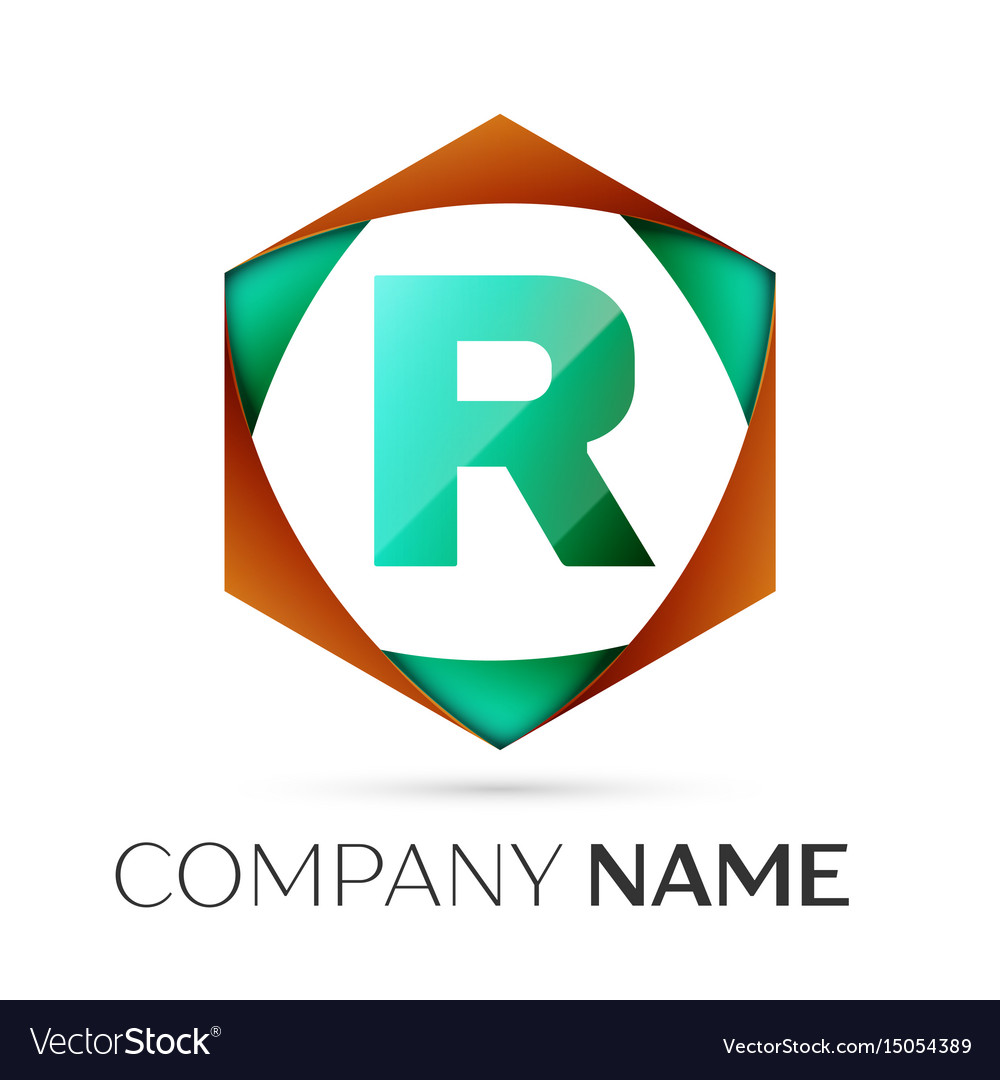 Letter r symbol in the colorful hexagonal