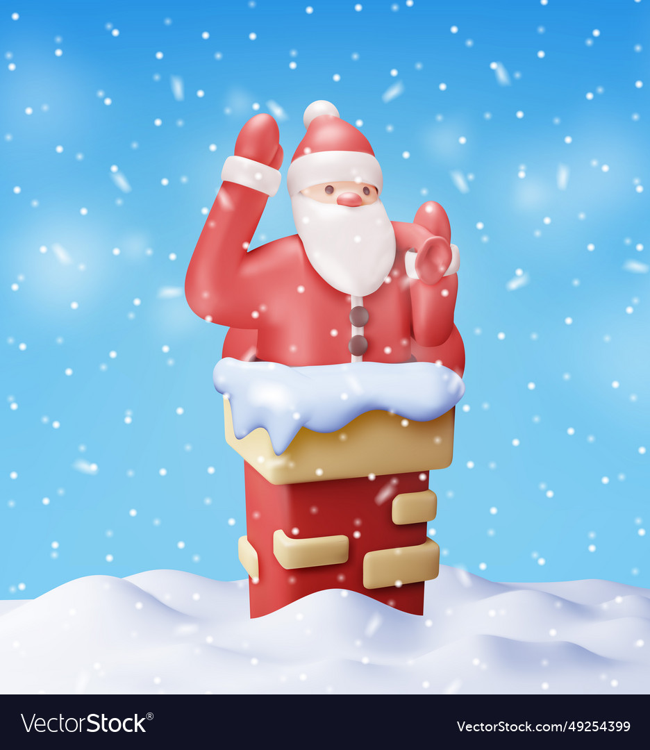 3d santa claus with bag in house chimney