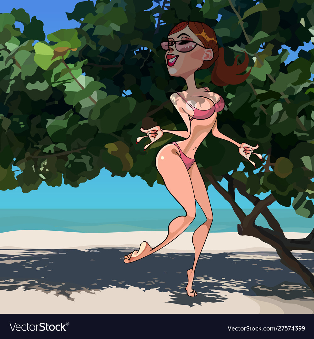 Cartoon woman in a swimsuit joyfully dancing