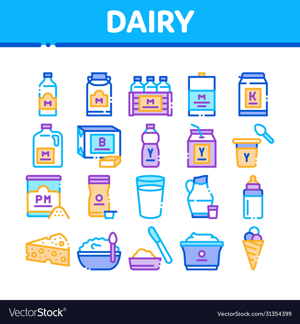 Dairy drink and food collection icons set