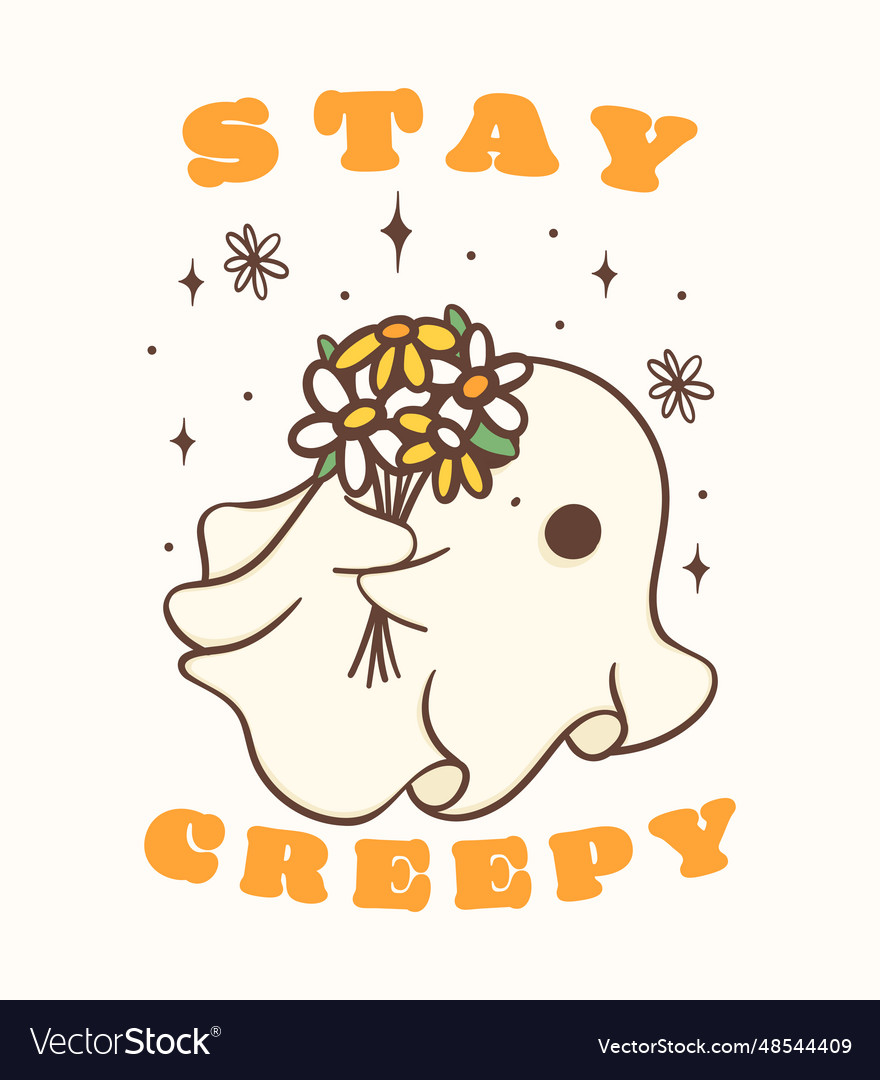 Cute halloween ghost with flower kawaii retro