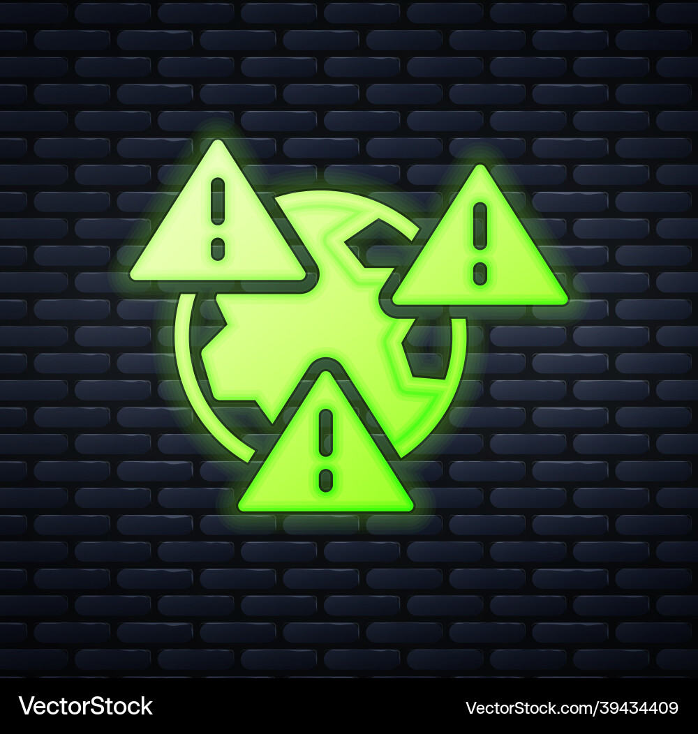 Glowing neon planet earth symbol with exclamation Vector Image