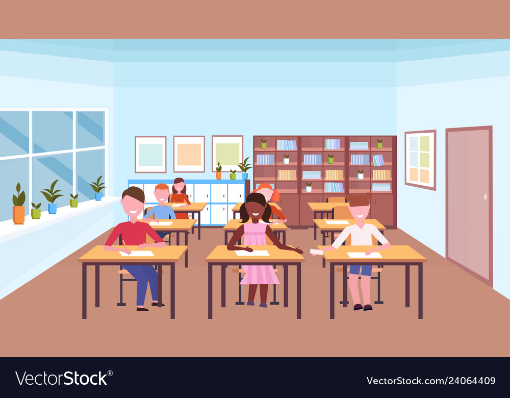 Mix race pupils sitting desks and doing tasks Vector Image