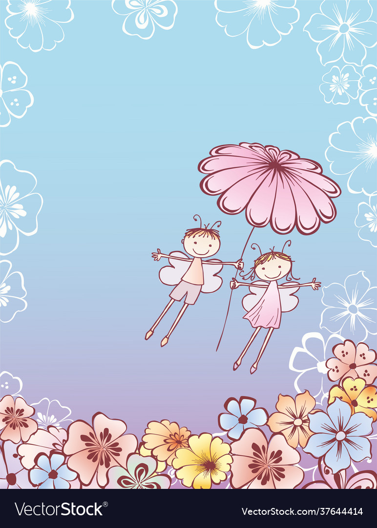 Pair cheerful elves flying with camomile flower