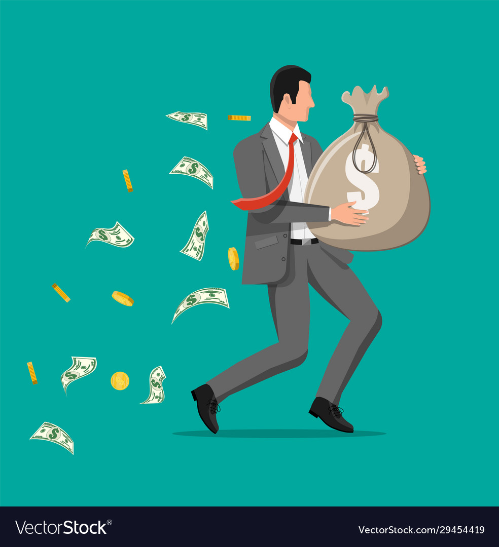 Businessman holding large bag full money Vector Image