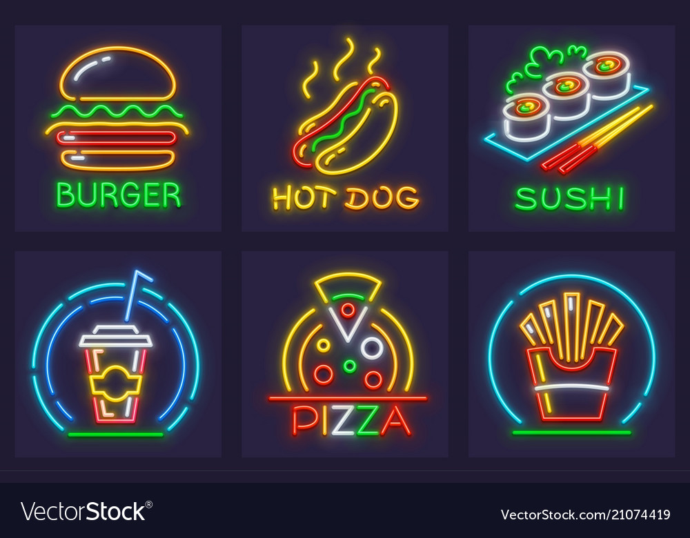 Set of fast food neon icons Royalty Free Vector Image