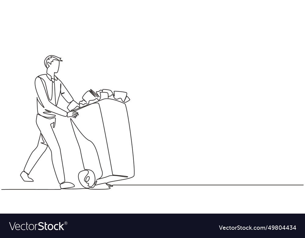 Continuous one line drawing businessman pushing Vector Image