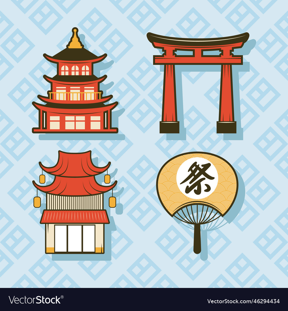 Japanese pagodas and arch with fan Royalty Free Vector Image