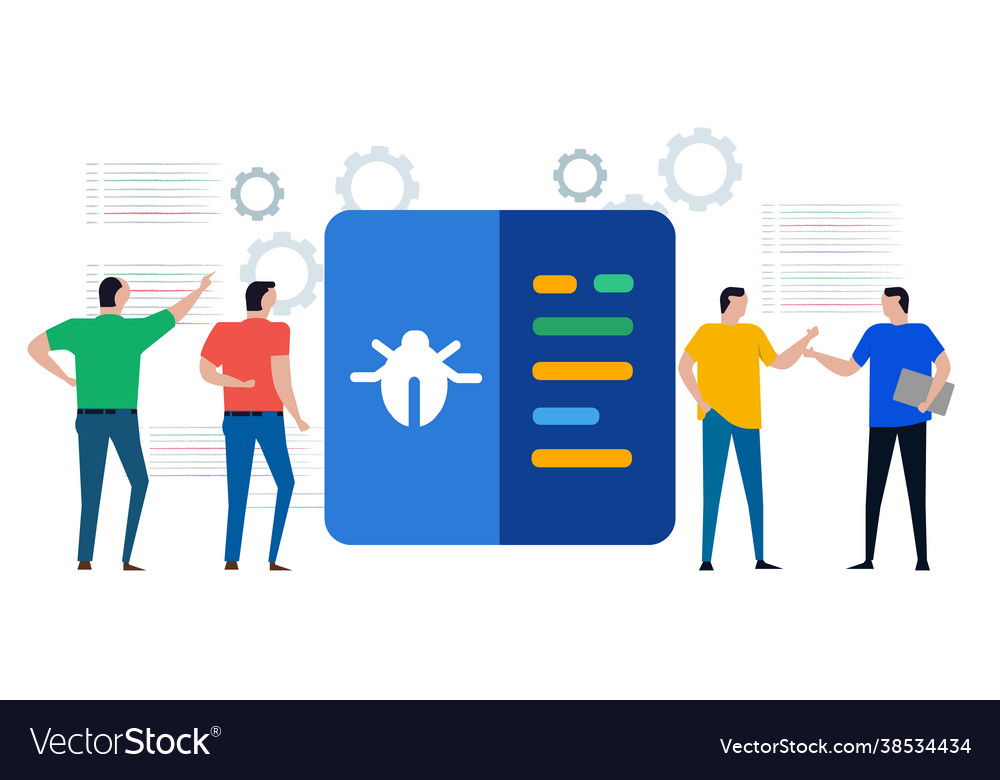Team Programmierer-Entwickler auf der Suche nach Bug-Bugs vector image Team Programmierer-Entwickler auf der Suche nach Bug-Bugs