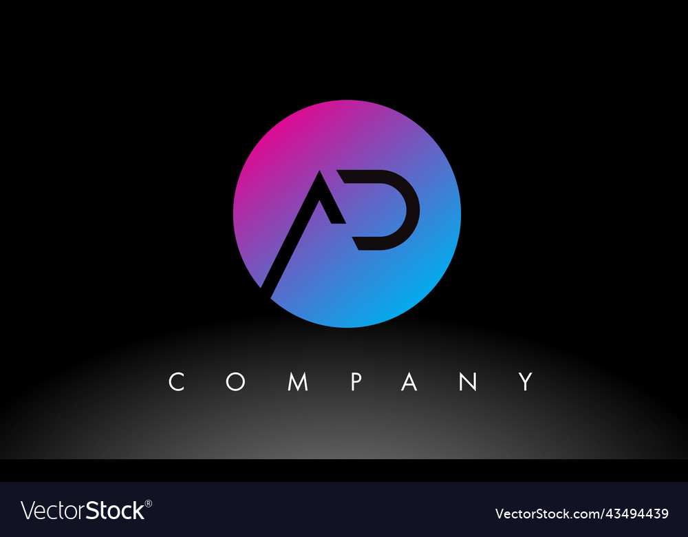 Ad letter logo design icon with purple neon blue