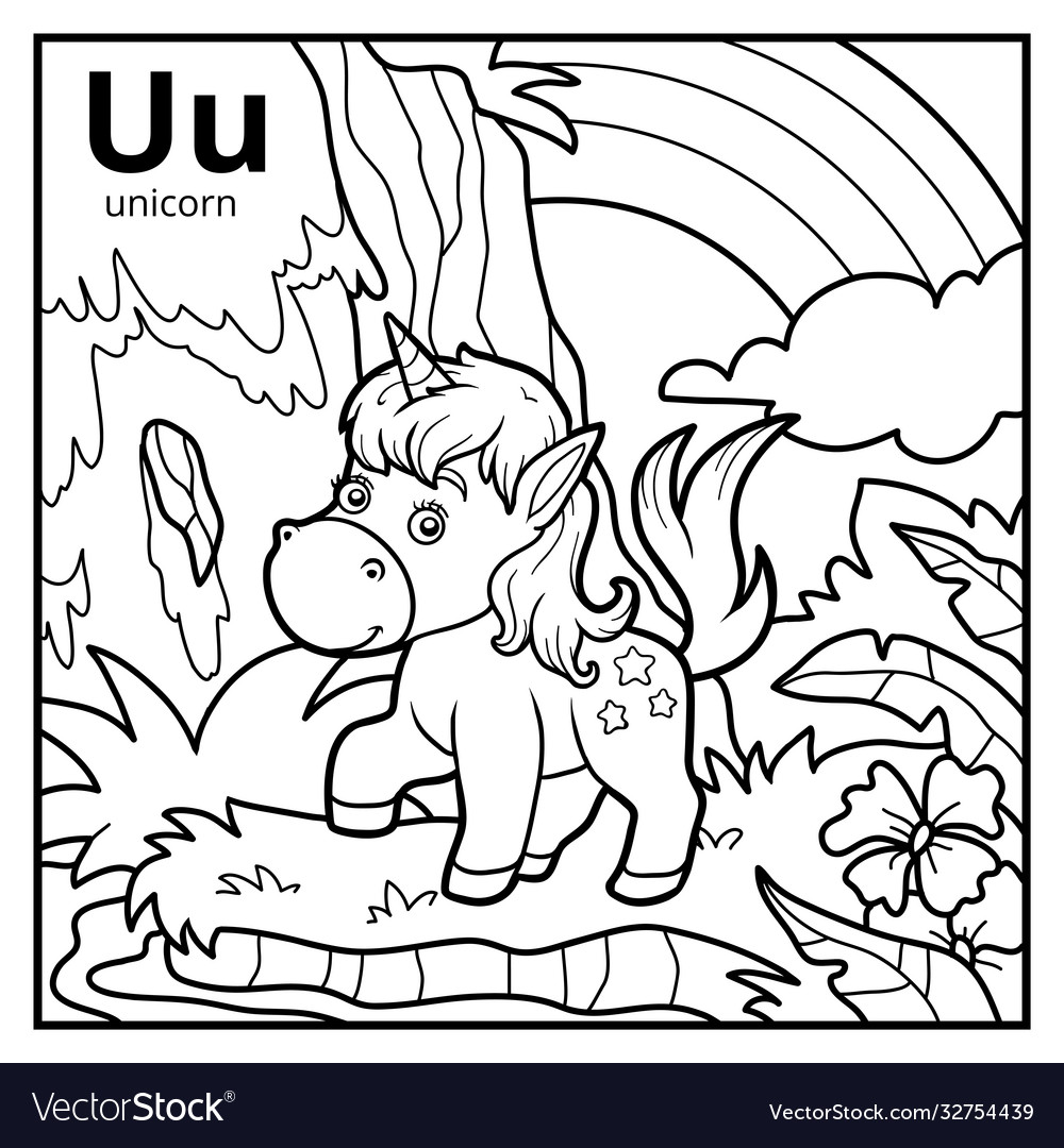 Coloring book colorless alphabet letter u unicorn Vector Image