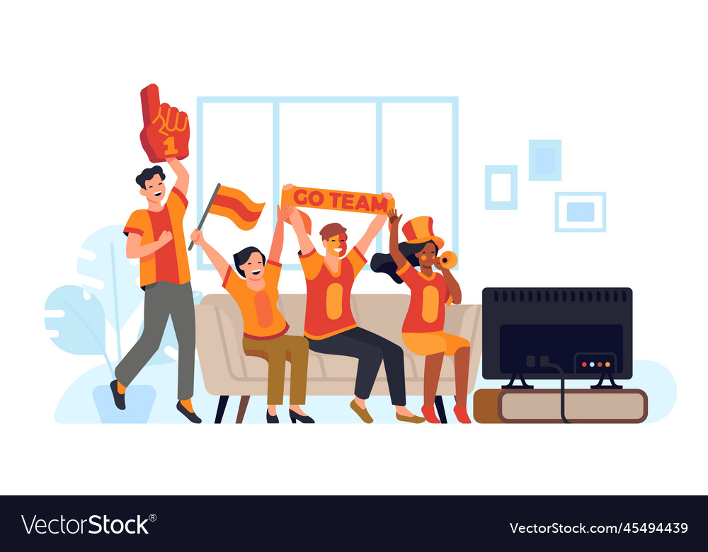 Fans watching match on tv couch people sitting Vector Image