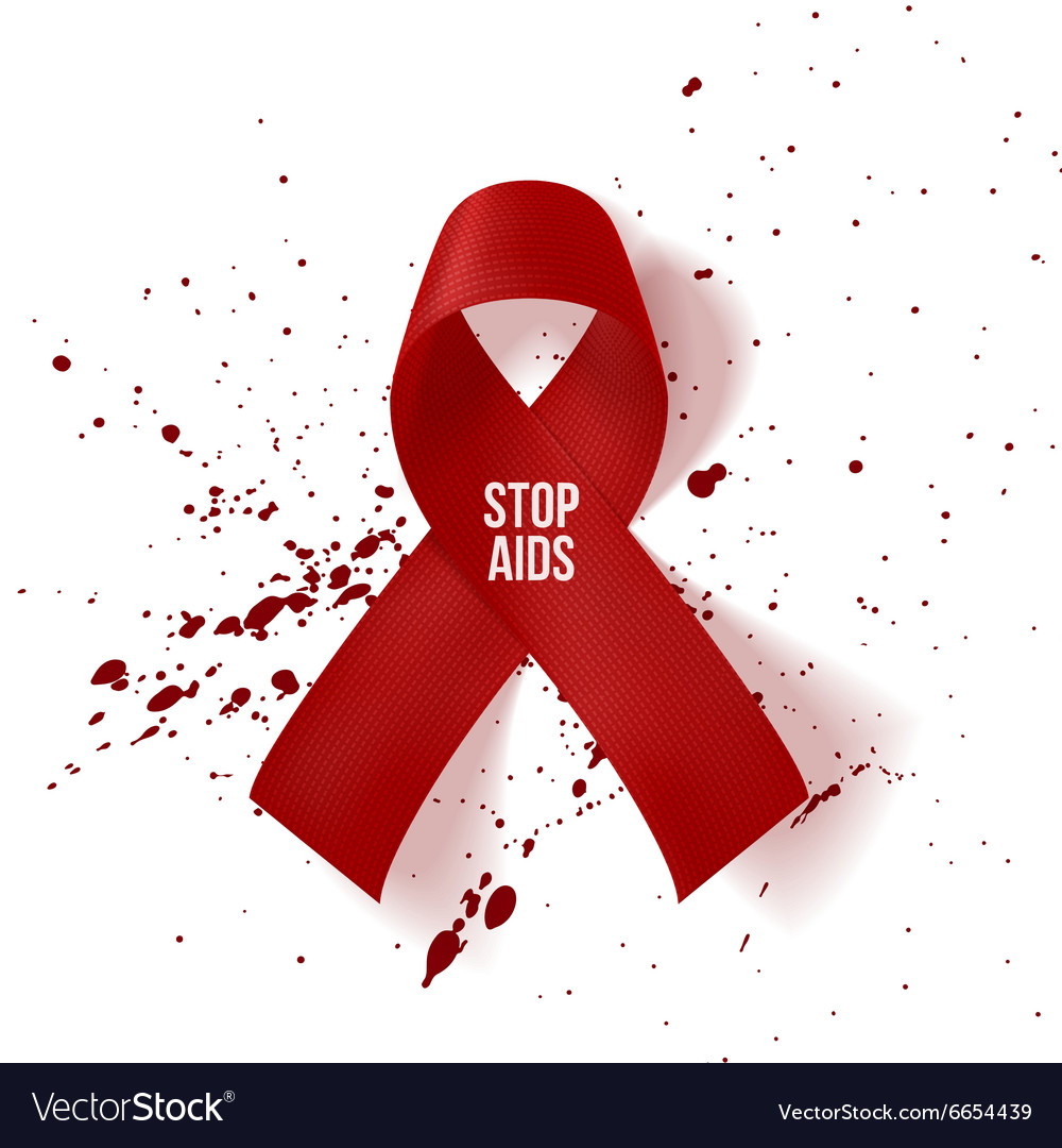 Realistic red aids day ribbon and blood drops Vector Image