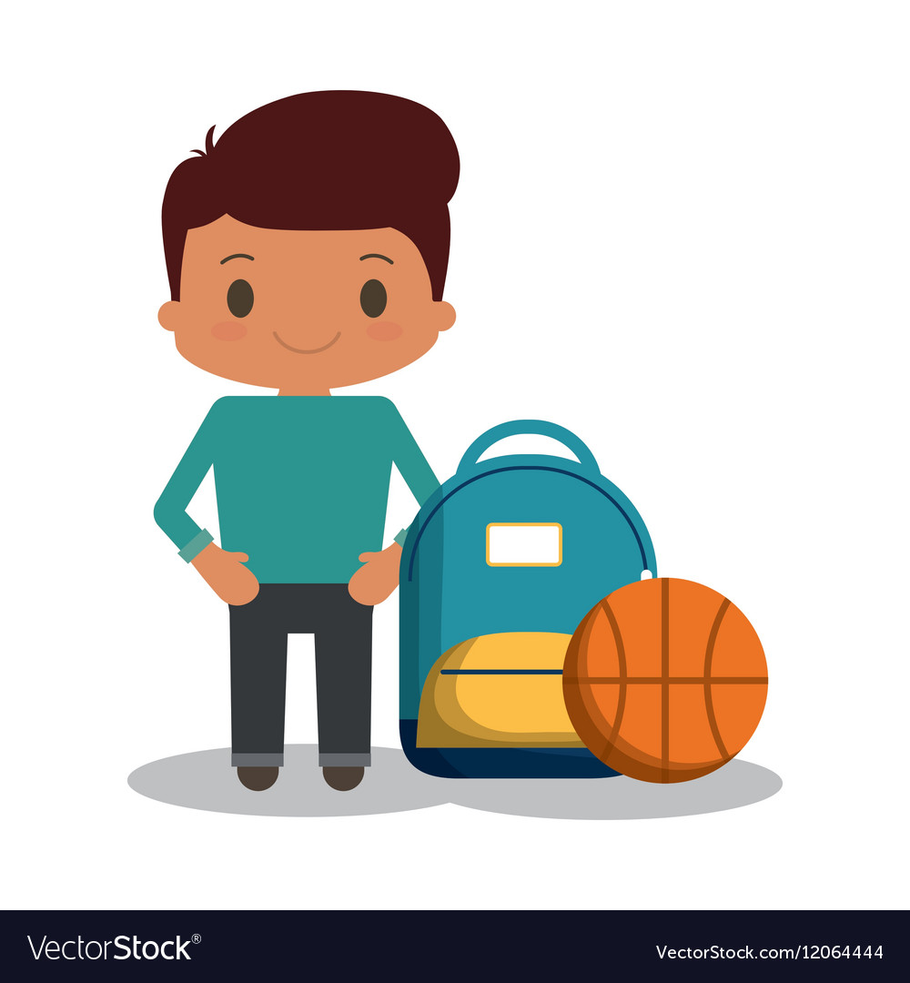 Cartoon Boy Student Blue Bag Ball Basketball Vector Image