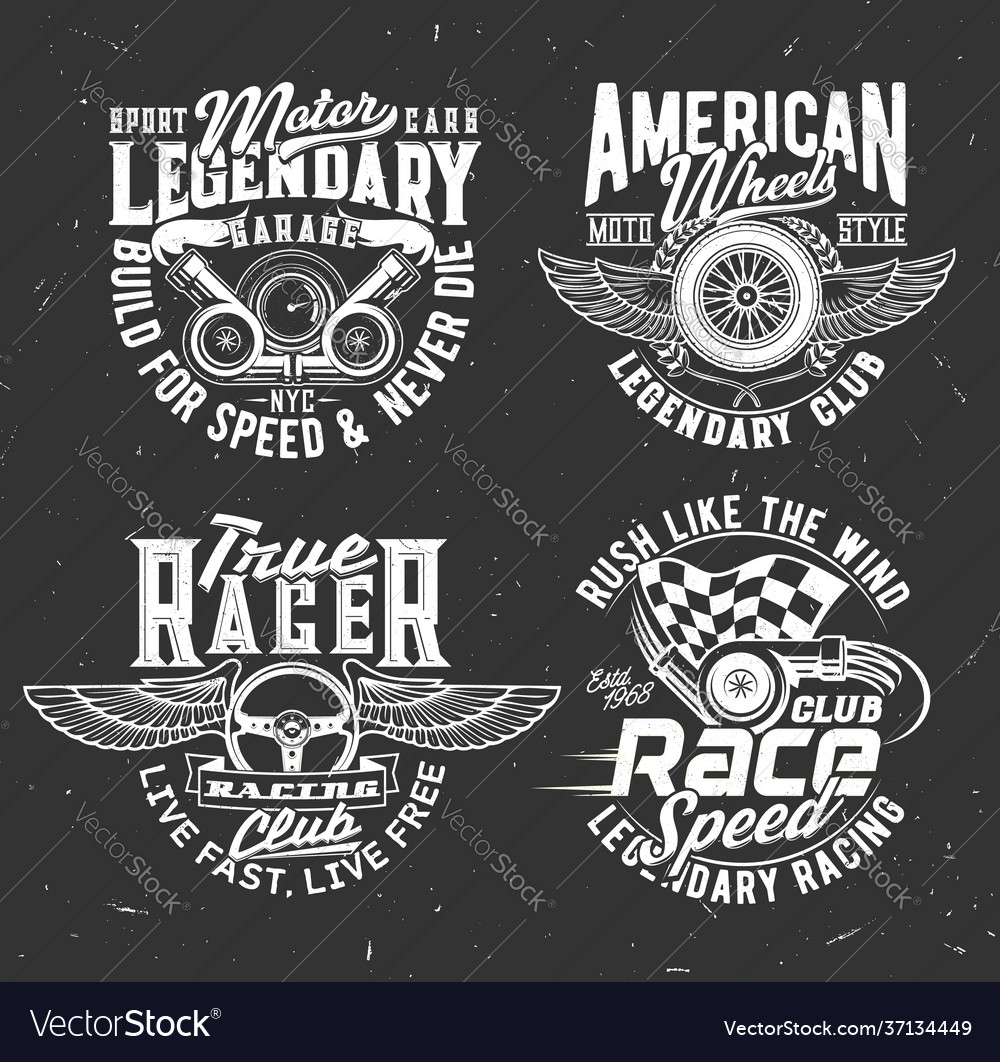 Car rally race tshirt prints with flag and wheel Vector Image