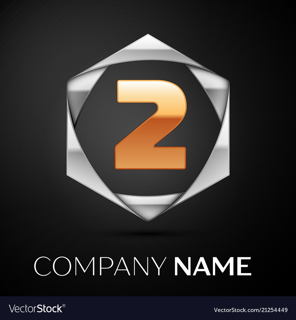 Gold number two logo symbol in silver hexagonal Vector Image